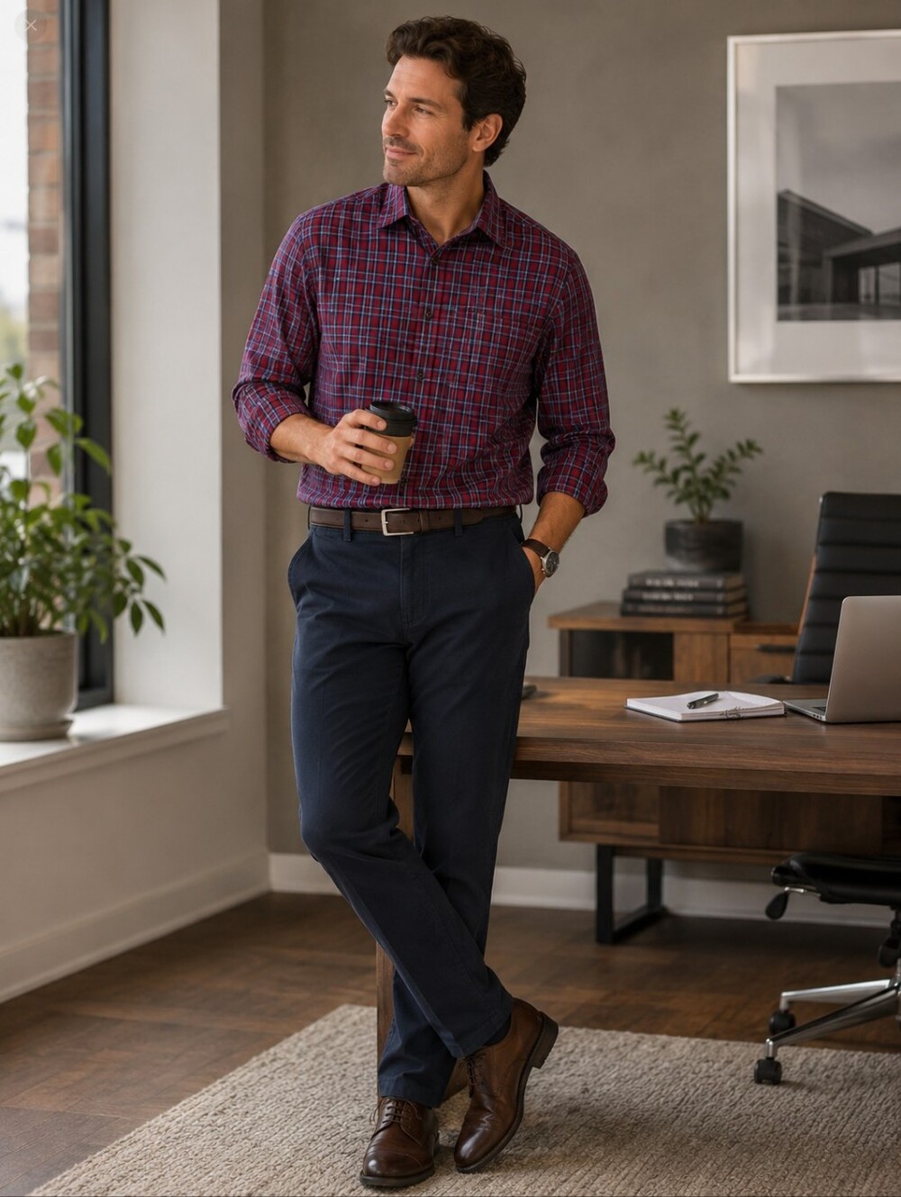 Bill Blass Men's Burgundy and Blue Plaid Button-Down Non-Iron Shirt M